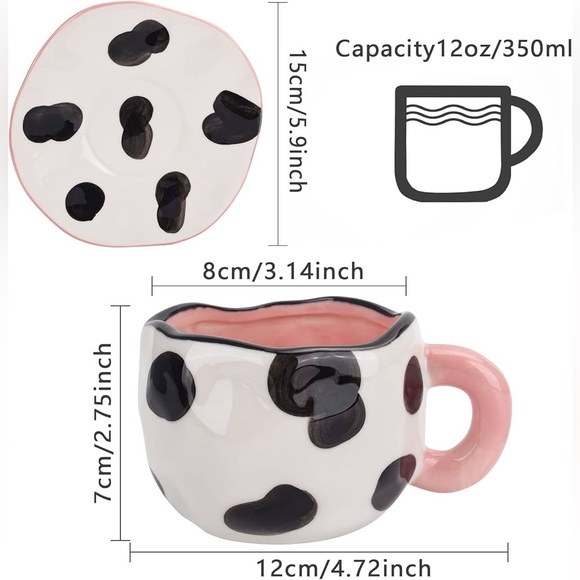 Cow Print Ceramic Mug and Saucer Set | Cute Novelty 🖤🤍🩷🐮☕️ - Picture 10 of 11
